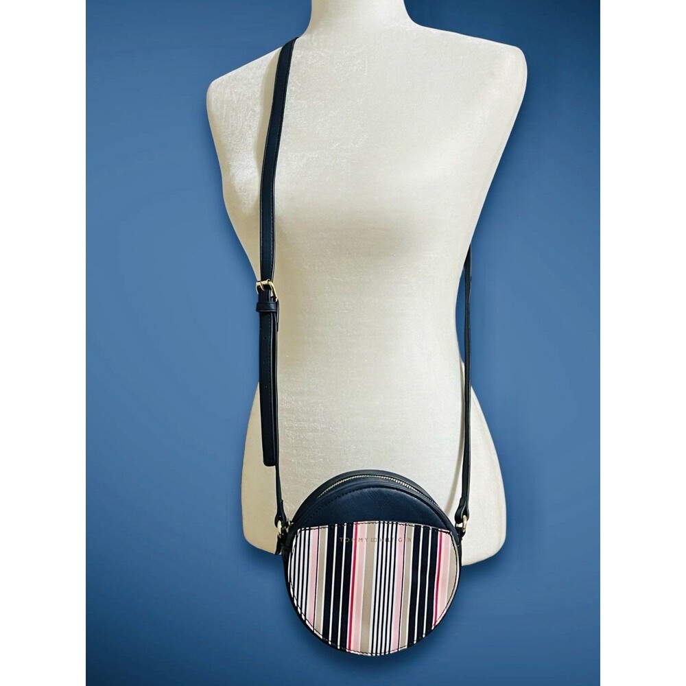Tommy Hilfiger Small Round Crossbody Purse Navy Pink Stripe Pattern